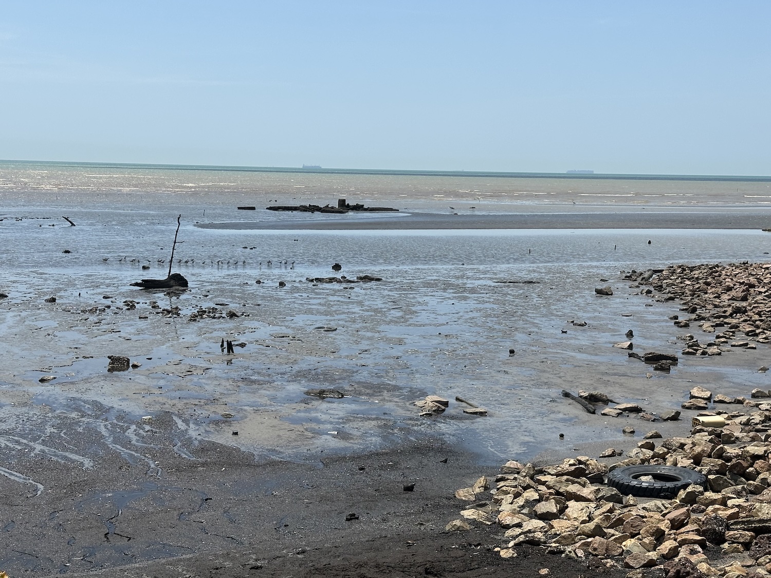 污泥本身带有油质，没有妥善处理的废水将流入大海，造成污染。（摄影：梁馨元）